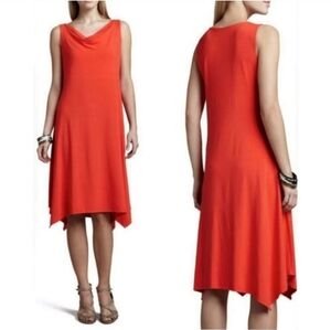 Eileen Fisher Cowl Neck Asymmetric Hem A-Line Jersey Dress Firefly Orange Large